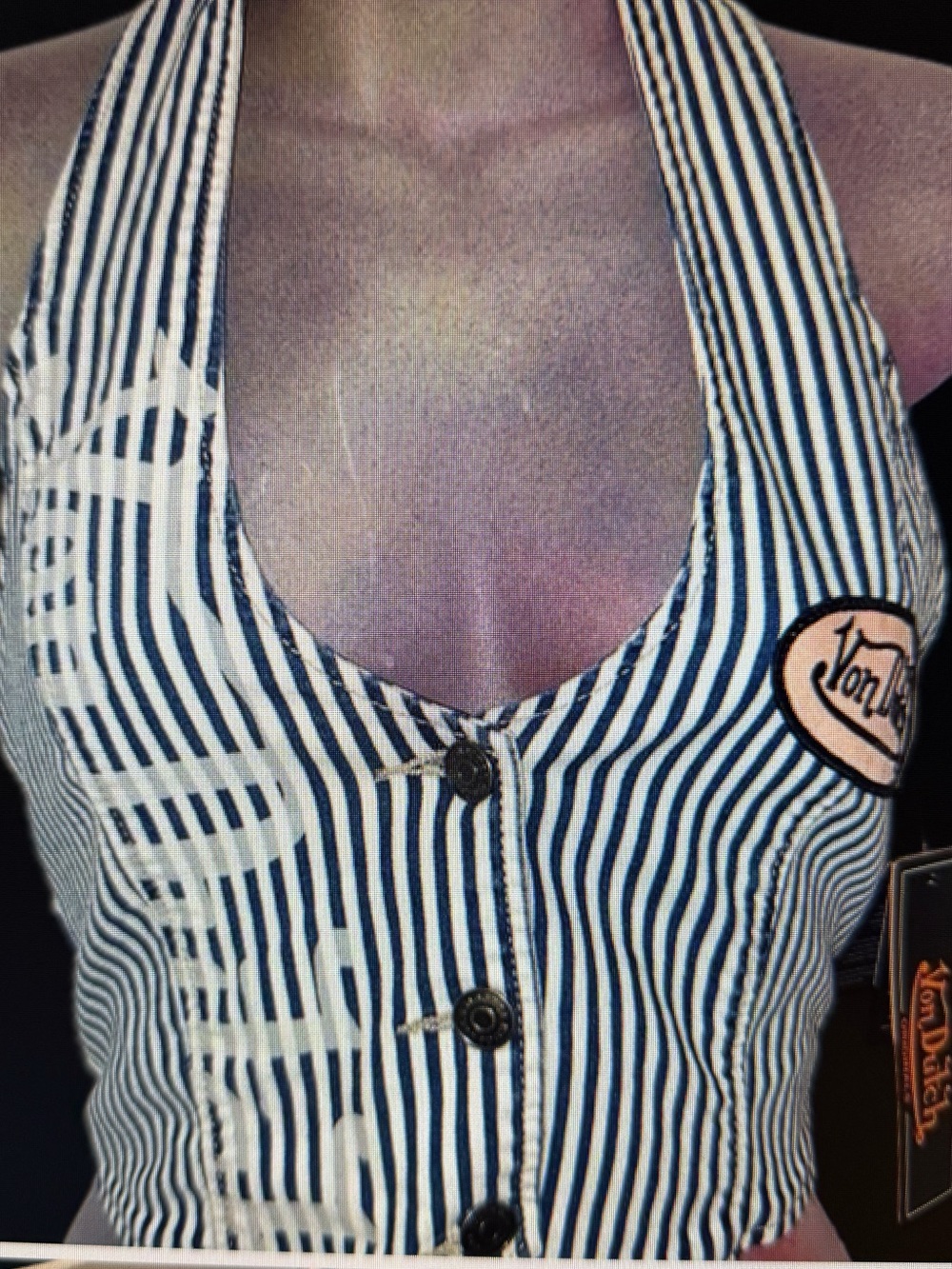Von Dutch Navy & White Striped Halter Button-Front Crop Top